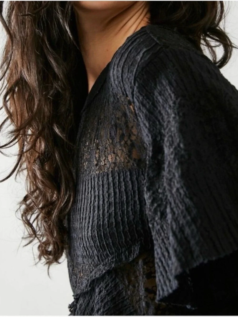 Free People Snowfall Boho Black Lace Asymmetric Whimsigoth Tunic Top Ruffle L